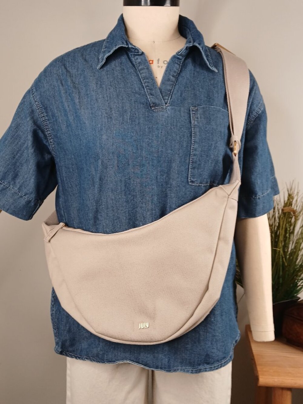 Designer Canvas Crescent Crossbody by July – Tan/Taupe